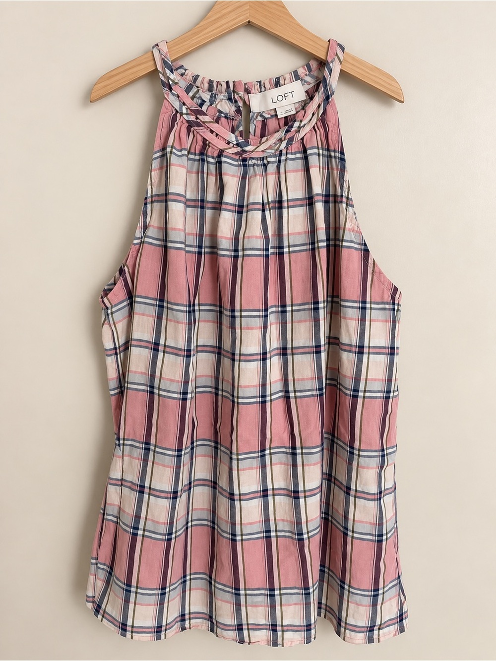 LOFT Pink Plaid Braided Halter Tank